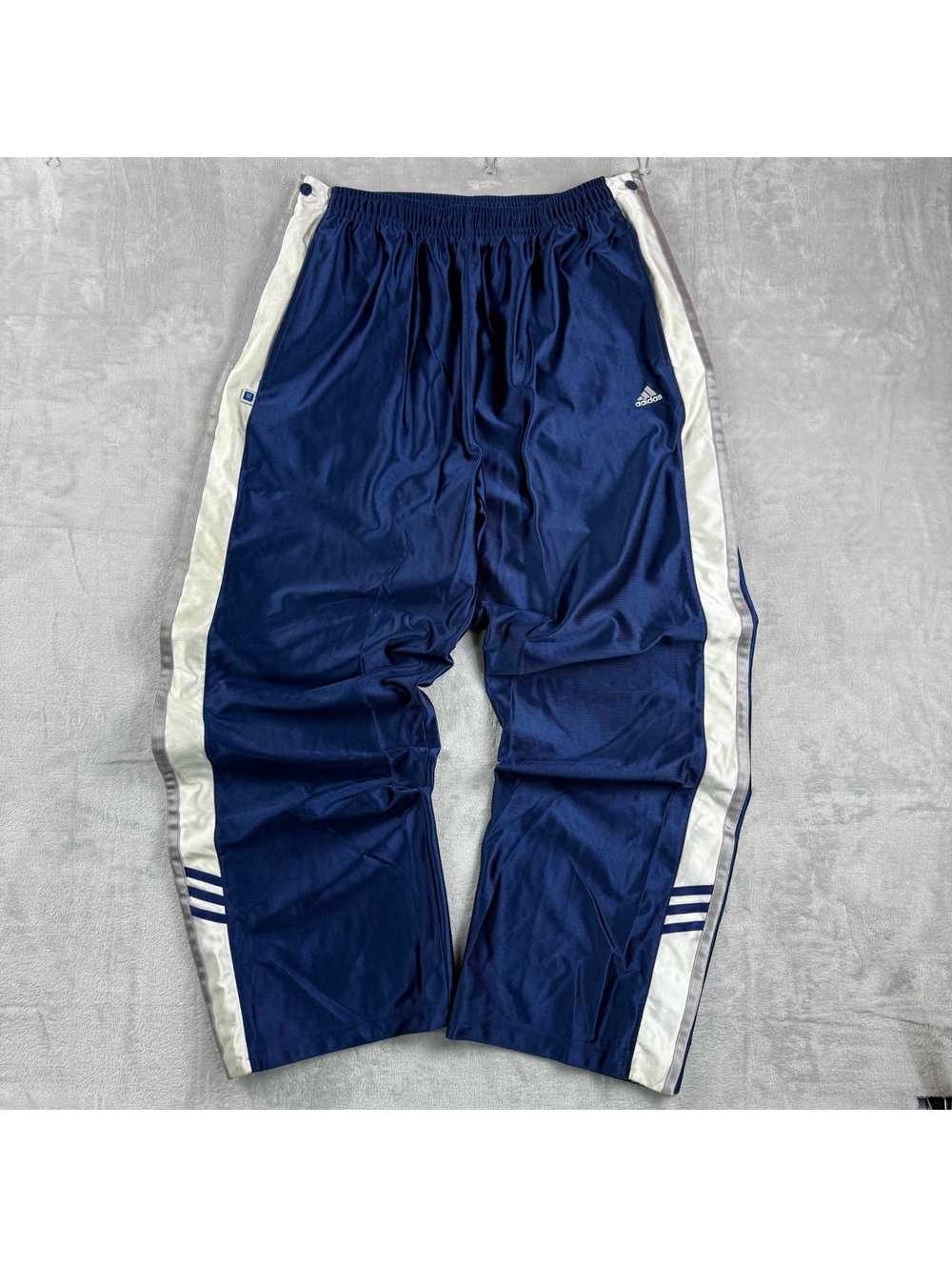 Vintage 2001 Adidas Tearaway Track Pants XL Navy Snap Y2K 3 Stripe Baggy Shiny